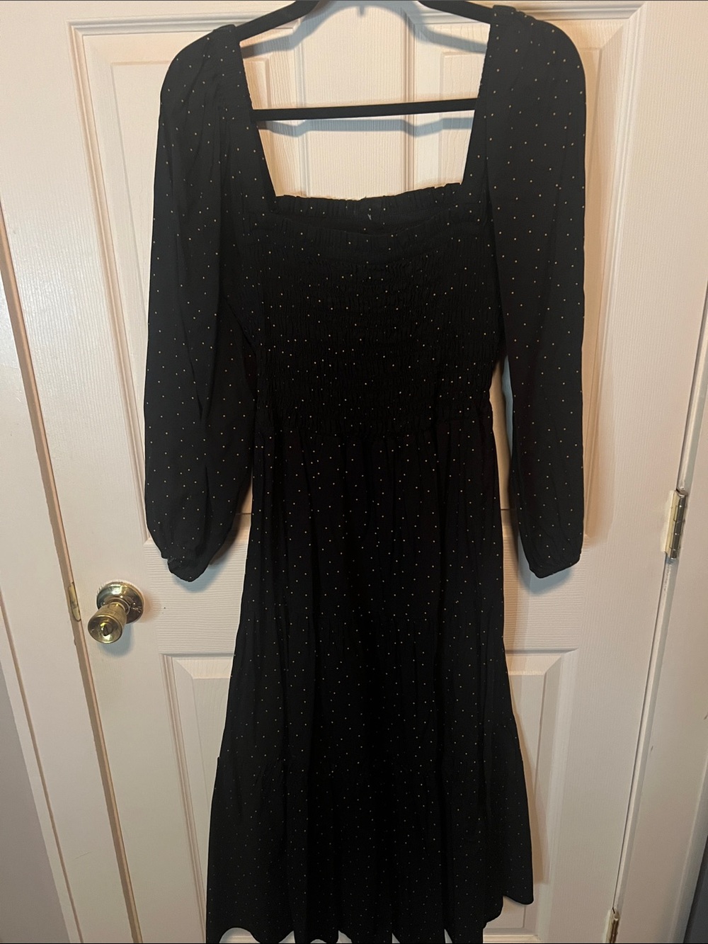Madewell Black Long Sleeve Smocked Midi Dress with Tiny Gold Dots